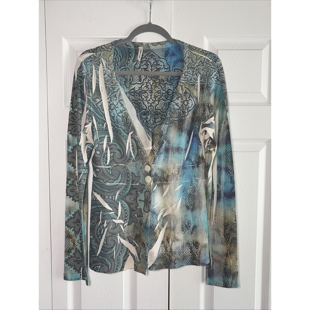 Cubism Paisley Snakeskin Knit Cardigan Womens Size S Blue Mixed Print V-Neck